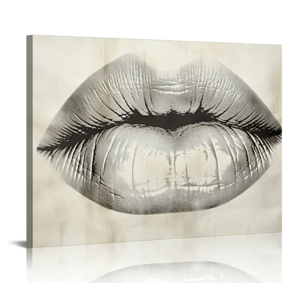 ONETECH Silver Wall Decor Fashion Lip Canvas Art Black and White Sexy Lip Print Paintings Gallery Wrapped Framed Picture for Bedroom Makeup Room Bathroom Decoration