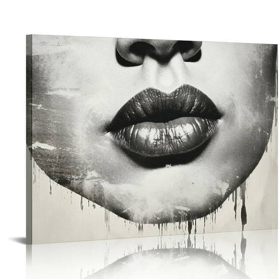 ONETECH Silver Wall Decor Fashion Lip Canvas Art Black and White Sexy Lip Print Paintings Gallery Wrapped Framed Picture for Bedroom Makeup Room Bathroom Decoration 20\x16\