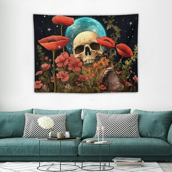 ONETECH Skull Floral Tapestry Flowers Skeleton Tapestry Moon Garden Tapestry Mushroom Plants Tapestry Vintage Tapestry Wall Hanging for Room