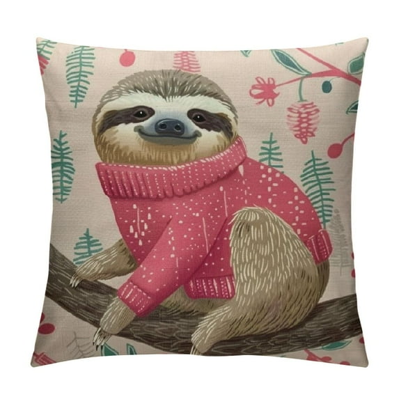 ONETECH Sloth Throw Pillow Cover Christmas Sloth Red Sweater Tree Branch Colorful Pillow Cases Home Decorative Cushion Cover for Bed Sofa