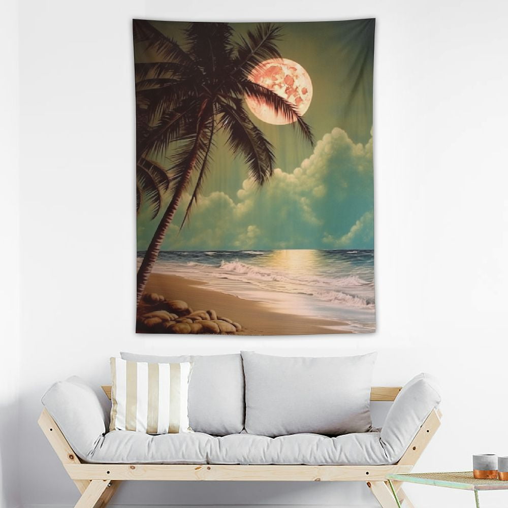 Small Full Moon Over Sea Ocean Tapestry Sunrise Hawaii Beach