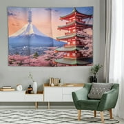 ONETECH Small Japanese Pink Cherry Blossom Tapestry, Mount Fuji Asian Anime Tapestry Wall Hanging, Japan Pagoda Sunset Tapestry Wall Art for Kids Bedroom Living Room Hippie Party Decor,