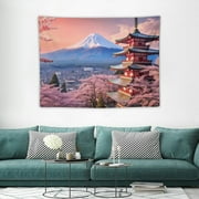 ONETECH Small Japanese Pink Cherry Blossom Tapestry, Mount Fuji Asian Anime Tapestry Wall Hanging, Japan Pagoda Sunset Tapestry Wall Art for Kids Bedroom Living Room Hippie Party Decor