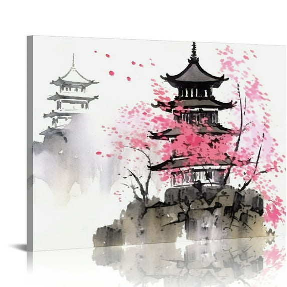ONETECH Small Size Traditional Chinese Painting of Peach Blossom Canvas Prints Calligraphy Art Paintings Wall Art Poem Print Painting Framed