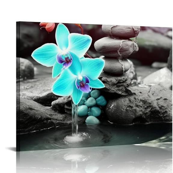 ONETECH Spa Decor Zen Canvas Wall Art Spa Stones and Blue Orchid Flower Picture Prints Relax Painting Artwork for Home Bathroom Spa Salon Decoration Stretched and Framed Ready to Hang