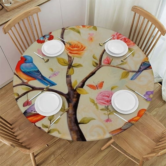 ONETECH Spring Bird Flower Butterfly Tablecloth Washable Polyester Table Cloth for Round Tables Waterproof Free Stain Resistant Table Cover for Kitchen Dining Room