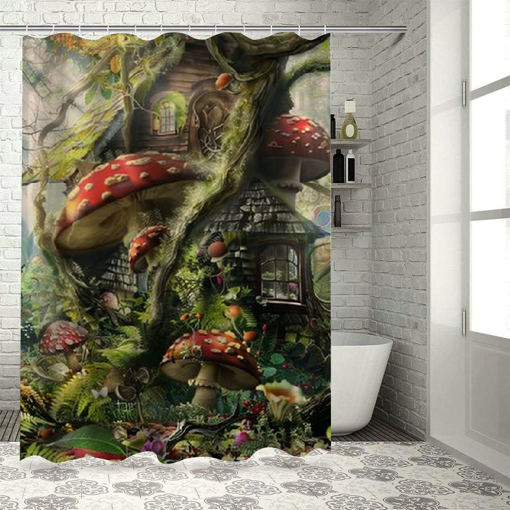 Spring Enchanted Forest Shower Curtain Fantasy Fairy Shower Curtains Mushroom Floral