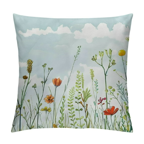 ONETECH Spring Pillow Sham, Blossoming Wildflowers Grassland Illustration Botanical Field of Flowers Pattern, Decorative Standard Size Printed Pillowcase, Green Yellow