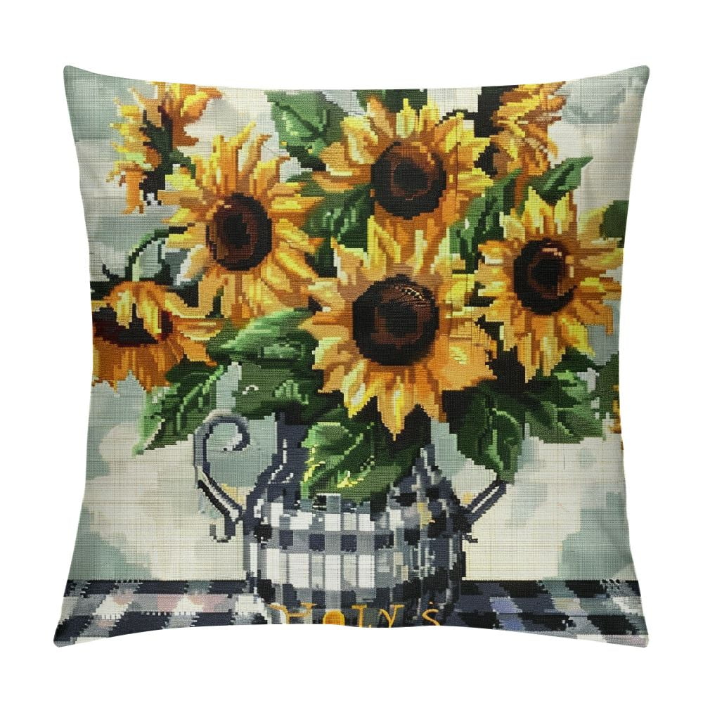 Spring Summer Sunflower Throw Pillow Covers,Yellow Flowers Pillow case Farmhouse Black