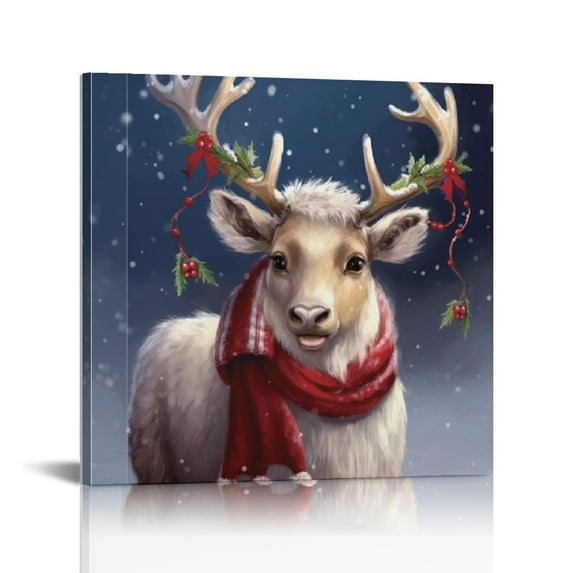 ONETECH Square Wall Art Paintings Canvas Christmas Reindeer Giclee Artwork Modern Prints Pictures for Bedroom Living Room Home Decor, Wooden Frame, Ready to Hang, 16x16inch, Winter Holiday 12\x12\