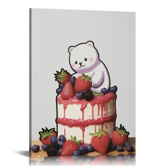 ONETECH Strawberry Bear Cake Canvas Wall Art,Bathroom Wall Art Pictures Wall Decor Modern Wall Art Kitchen Wall Art,Wall Art for Living Room Bedroom Office Home Decorations 16x20 in
