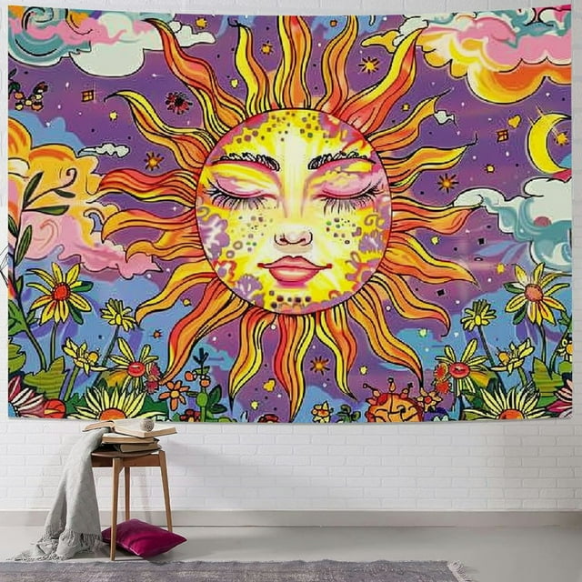 ONETECH Sun and Moon Tapestry Trippy Floral Tapestry Hippie Eyes Flower ...