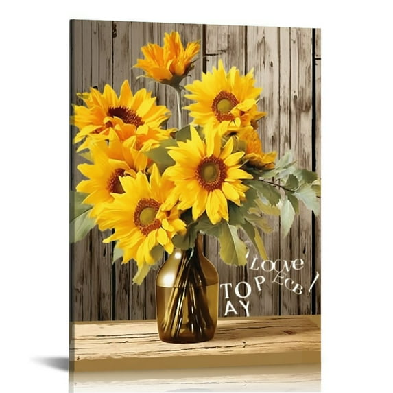 FUMJ Sunflower Canvas Wall Art Wall Decor Yellow Flowers Theme in Clear Vase Modern Flower Pictures Bathroom Decor with Framed Ready to Hang for Bathroom Living Room Home Office