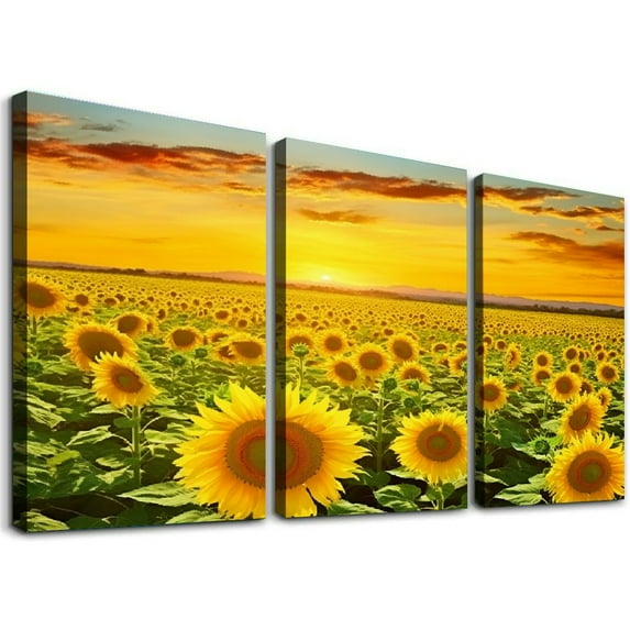 ONETECH Sunflower Canvas Wall Art Prints,Brilliant Sunflower Paintings Printed on Canvas,Framed and Stretched,Floral Home Wall Decor,Living Room,Office,Hotel Canvas Wall Art 12''x16''X3 Panels
