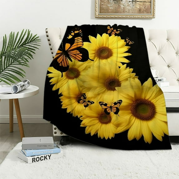 ONETECH Sunflower Floral Blanket for Women Kids Girls Wife Sister Butterfly Yellow Flower Plush Throw Valentines Birthday Bedroom Bed Decor