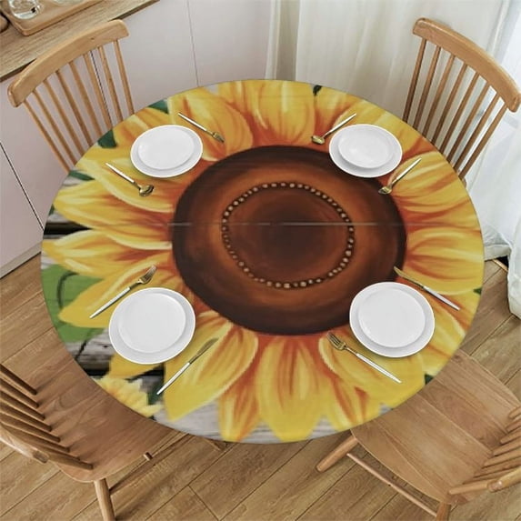 ONETECH Sunflower On Board Rustic Yellow Summer Fall Live Laugh Love Round Fitted Table Cover Elastic Edge Circle Tablecloth for Outdoor Dining Party Holiday Fits Table Diameter