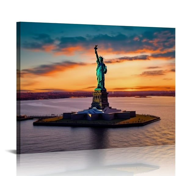ONETECH  Sunset Landscape Liberty Statue Wall Art Picture USA Liberty Statue Poster Wall Decor for Living Room Bedroom Bathroom Home Decorations Canvas Prints Framed   20x16in