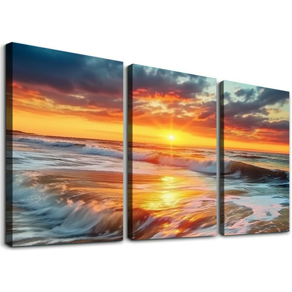 ONETECH Sunset Wall Art for Living Room, Gold Beach Wave Canvas Wall ...