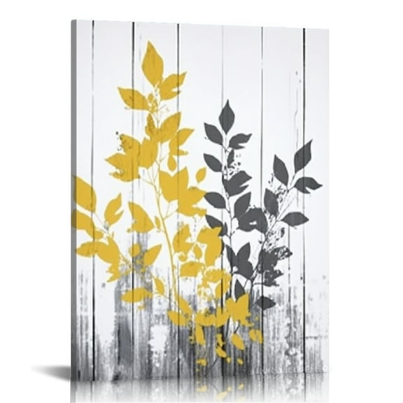 ONETECH Takfot Leaf Wall Art Yellow Grey Leaves Canvas Painting Vintage Botanical Pictures Rustic Plants Artwork Home Decor Stretched and Framed Artwork for Bathroom Living Room