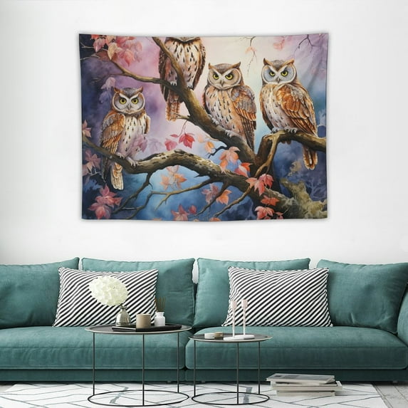 FUMJ Tapestry Food Retro Watercolor Funny Sketch Draw Owl Animals Fun Owls Happy Wildlife Artist Textures Drawn Wall Tapestry Beach Tapestry for Bedroom Decor