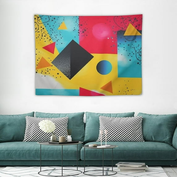 ONETECH Tapestry Modern Blue Abstract Memphis Pattern Geometric Shapes Tissue 90S Vintage Colorful Bauhaus Child Tapestry Wall Hanging Beach Tapestry for Dorm Decor