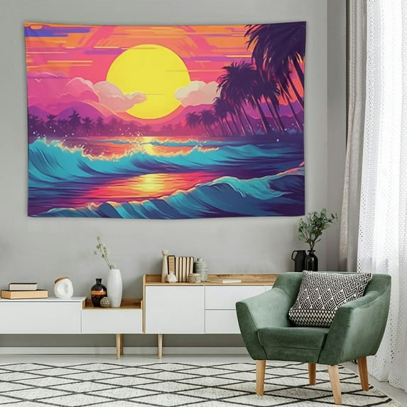ONETECH Tapestry Wall Hanging Aesthetic Decoration For Bedroom Living Room Wall Art Tapestries Vaporwave Sea Sunset Landscape Wave