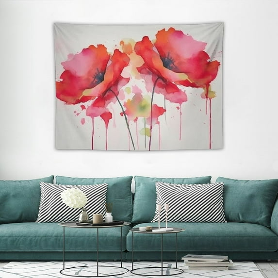ONETECH Tapestry Wall Hanging Petal Colorful Floral Red Poppies Watercolor Painting Abstract Nature Green Modern Artist Artistic Cool Tapestry for Bedroom Wall Decor