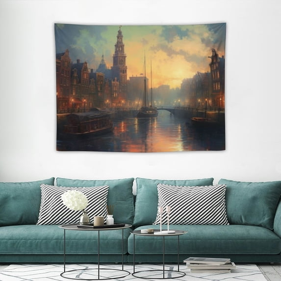 ONETECH Tapestry for Bedroom - Aesthetic Tapestry - Amsterdam Cityscape with Pink Sky Painting Room Decor - Boho Tapestrys - Tapestries Wall Hanging