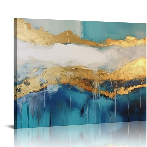 ONETECH Teal Abstract Canvas Wall Art Teal and Gold Wall Decor Blue Teal Artwork Navy Blue White and Gray Abstract Paintings Turquoise Artwork Teal and Silver Abstract Painting Gold Artwork