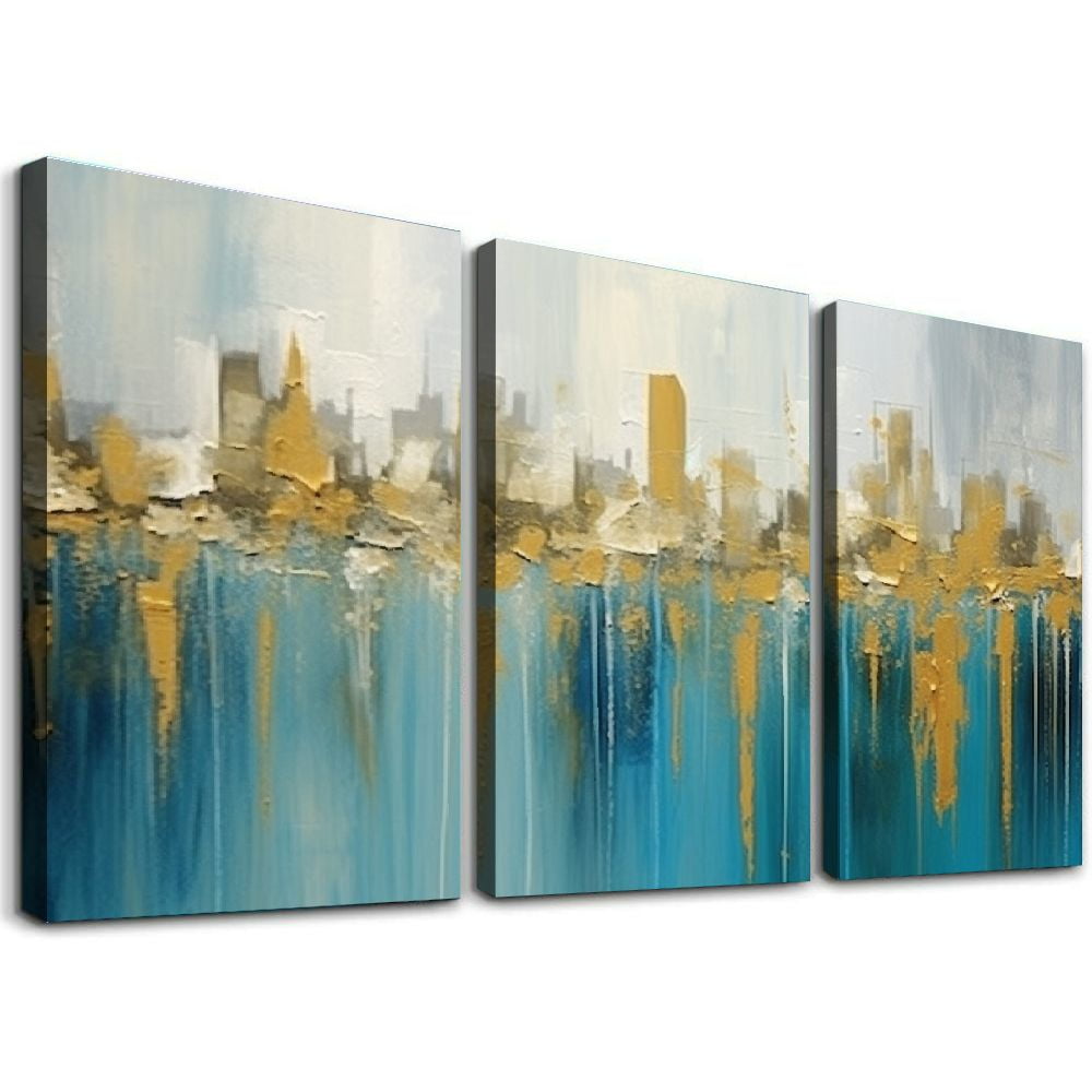 Teal Abstract Cityscape Canvas Wall Art Modern Skyline Gold