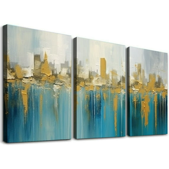 ONETECH Teal Abstract Cityscape Canvas Wall Art Modern Skyline Gold Painting Blue Grey Textured Large12''x16''X3 Panels Picture Turquoise Artwork Framed for Living Room Bedroom Bathroom