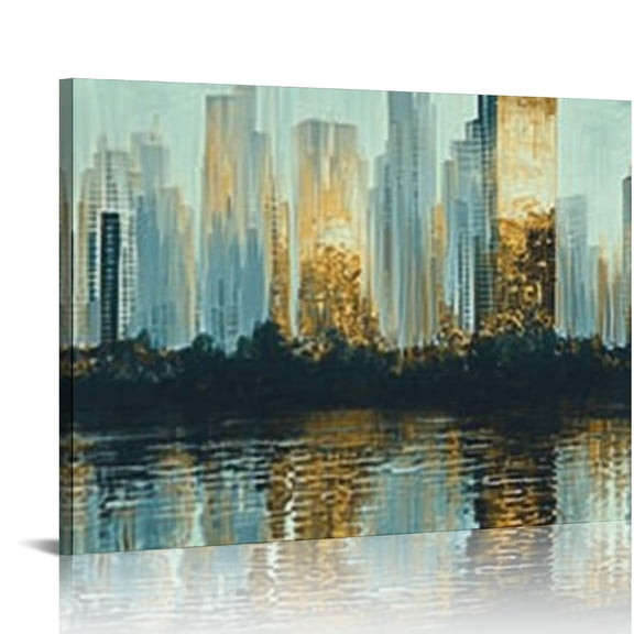 ONETECH  Teal Abstract Cityscape Canvas Wall Art Modern Skyline Gold Textured Painting, Grey Buildings  Picture Turquoise Artwork Framed for Living Room Bedroom  20x16in