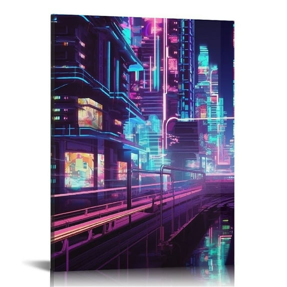 ONETECH Teal Blue Abstract Science Fiction Poster Game Room Decor Cyberpunk City Neon Metropolis Landscape Artwork for Playroom Wall Art Frame Canvas Print Bedroom Décoration 16\x20\