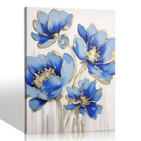 ONETECH Teal Flower Canvas Wall Art: Abstract Gray Blue Floral Picture Modern Watercolor Lotus Painting Elegant Blossom Navy Bouquet Artwork Botanical Prints for Bedroom Living Room Bathroom