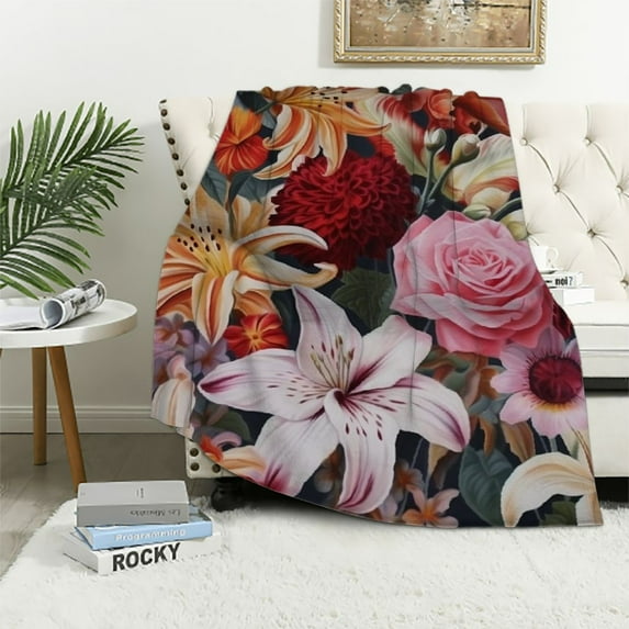 ONETECH Throw Blanket Floral Pattern with Roses and Lily in Watercolor Style Decorative Soft Warm Cozy Flannel Plush Throws Blankets for Bedding Sofa Couch