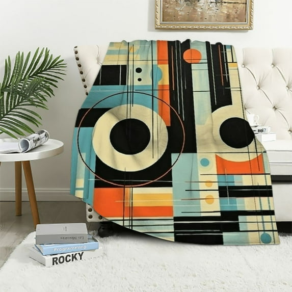 ONETECH Throw Blanket Retro Orange And Turquoise Geometric Mid Century Lightweight Fuzzy Blanket Retro Mid Century Modern Abstract Pattern Blanket for Couch Sofa Bed Office for Adult Kid Birthday