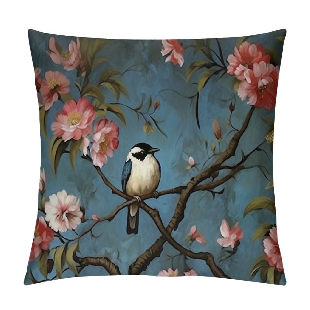 Throw Pillow Cover Hand Oil Painting Plum Blossom Birds Dark