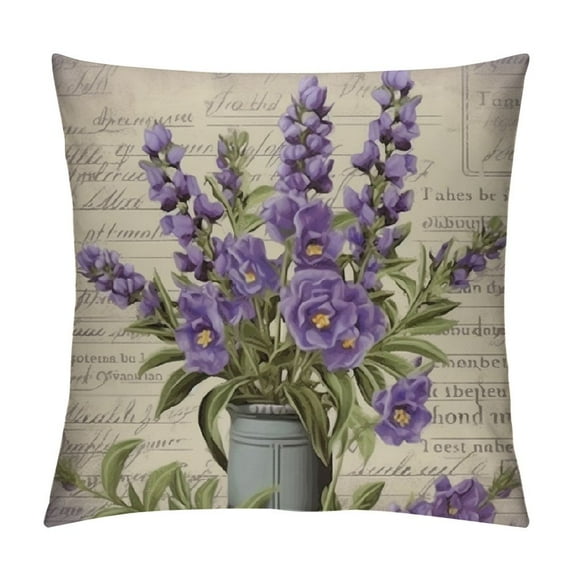 FUMJ Throw Pillow Cover Vintage Flowers Lavender Provence Purple Floral Retro French Country Stamp Decor Lumbar Pillow Case Cushion for Sofa Couch Bed Standard