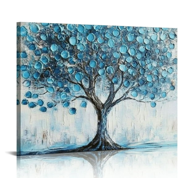 ONETECH Tree Wall Art Teal Blue Nature Tree of Life Abstract Canvas Painting Textured Picture, Modern Large Panoramic Landscape Artwork Framed for Living Room Bedroom 20x16in