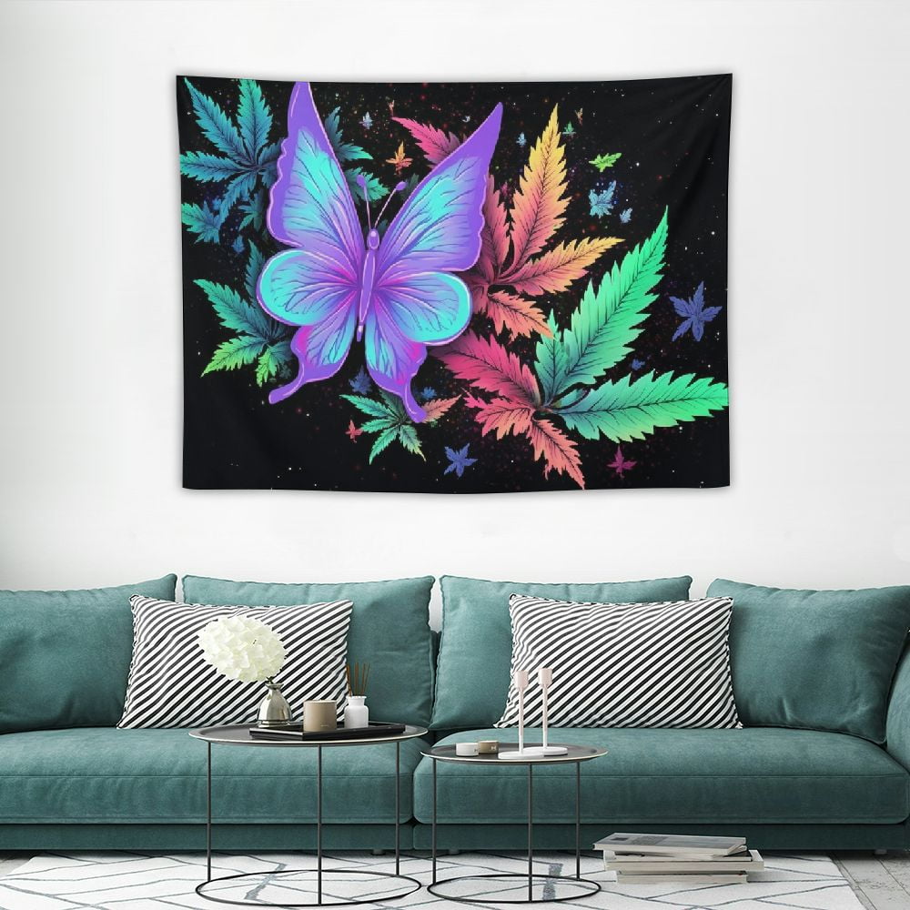 FUMJ Trippy Weed Tapestry Marijuana Cannabis Leaf Tapestry Wall Hanging Psychedelic Purple Blue