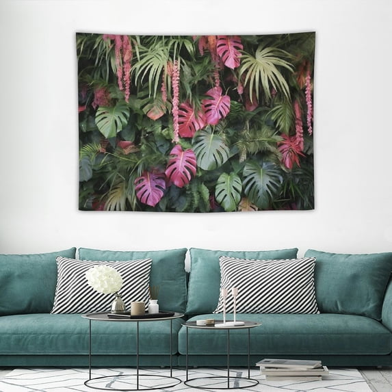 FUMJ Tropical Leaf Wall Tapestry Rainforest Jungle Plant Palm Sabal Coconut Green Pink Leaves Wall Hanging Blanket Art for Bedroom Living Room Dorm Decor Windows Curtain