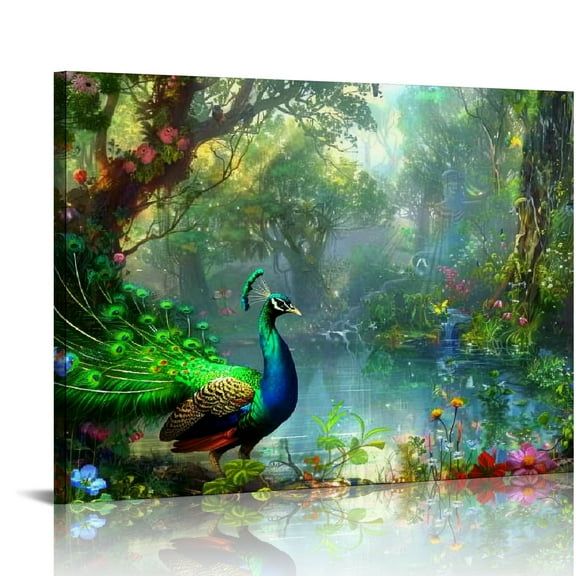 ONETECH Two Peacocks Walk in Forest Wall Art Pictures Print On Canvas Animal The Picture for Home Modern Decoration