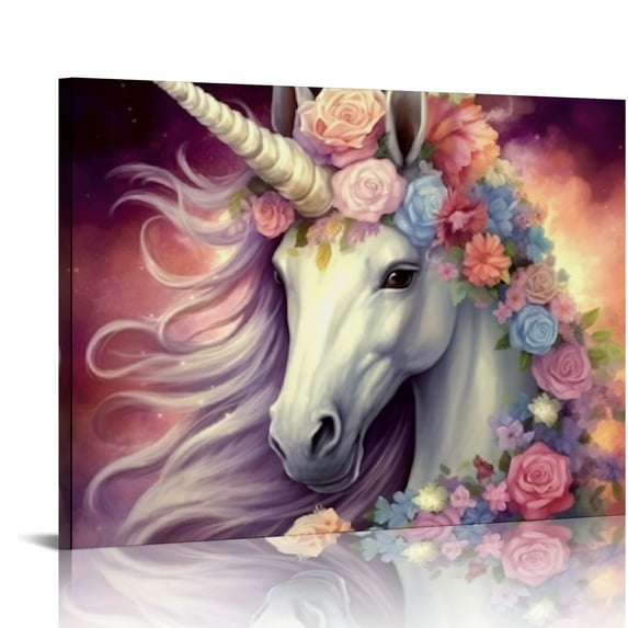 ONETECH Unicorn Canvas Wall Art Colorful Unicorn Pictures Wall Decor for Girls Bedroom Pastel Flower Unicorn Paintings Fairy Animal Unicorn Artwork Baby Nursery Room Girls Playroom Home 16x12in