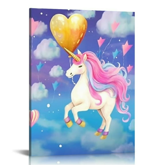 ONETECH Unicorn Wall Art Girl's Bedroom Decor - Rainbow Canvas Pictures for Kids Nursery Home Decor - Watercolor Framed Posters Paintings 16x20 in