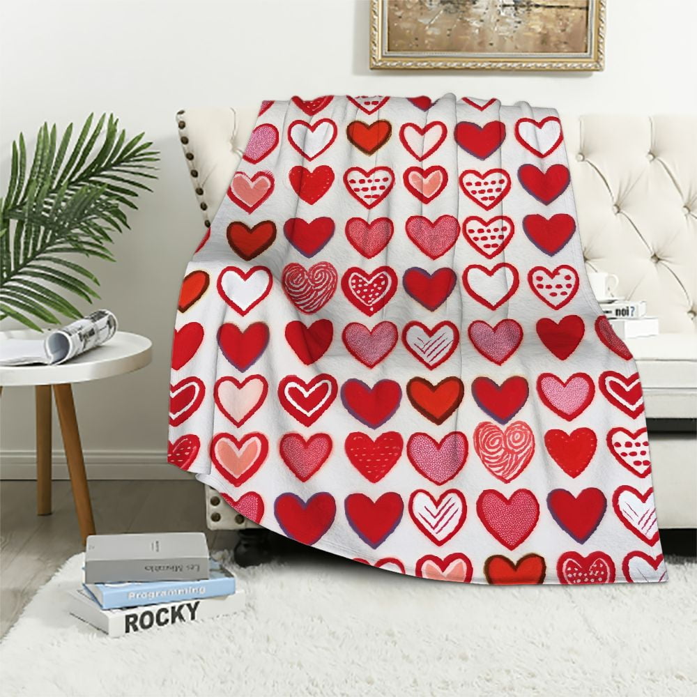 Valentine's Day Throw Blanket Red Pink Heart Plaid Fuzzy