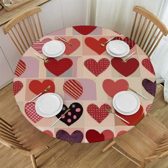 ONETECH Valentines Day Tablecloth Round Happy Mothers Day Table Cloth Gift Waterproof Wedding Marrige Heart Table Clothes Reusable Circle Table Cover for Dining Room Home Decor