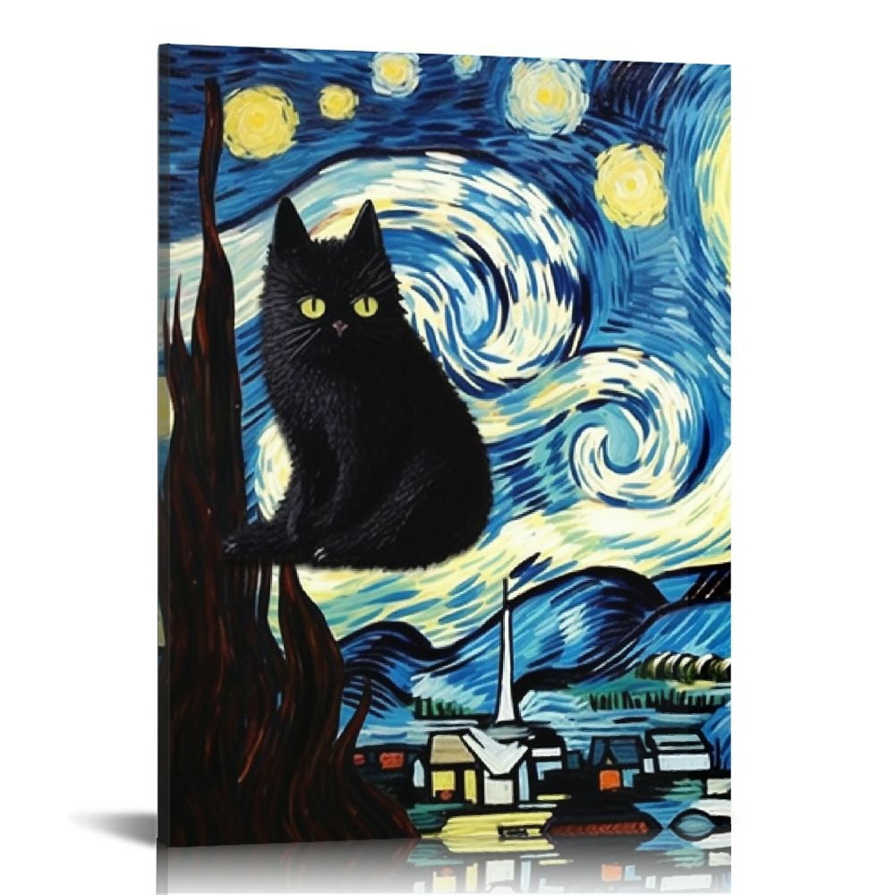 ONETECH Vincent Van Gogh Starry Night Cat Print Canvas Wall Art，vintage ...