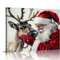 ONETECH Vintage Christmas Canvas Wall Art Santa Claus with Reindeer Canvas Prints Christmas Theme Paintings Rustic Winter Xmas Posters Classic Xmas Decor  20x16in