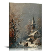 ONETECH  Vintage Christmas Wall Art Decor, Winter Rustic Cottage Snow Landscape Paintings, Framed Canvas Wall Art,Country Landscape Pictures Decorations Indoor, Home Christmas Gifts 12x16 in