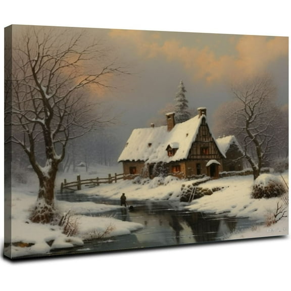 ONETECH Vintage Christmas Wall Art Decor, Winter Rustic Cottage Snow Landscape Paintings, Framed Canvas Wall Art, Country Landscape Pictures Decorations Indoor, Home Christmas Gifts 16x12inch